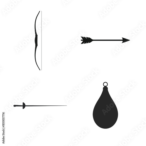 Four black sport icons including a bow arrow fencing sword and punching bag Keywords: bow and arrow, archery, arrow