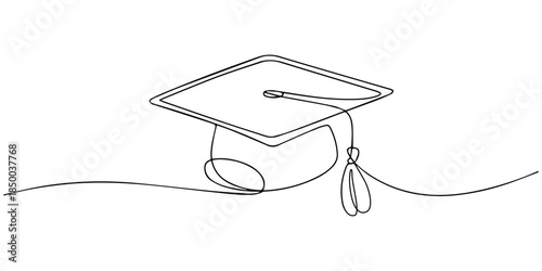 graduation cap continuous one line drawing, Continuous line drawing of a graduation cap and diploma.one line illustration symbolizing academic achievement, education, commencement, success, and a mile