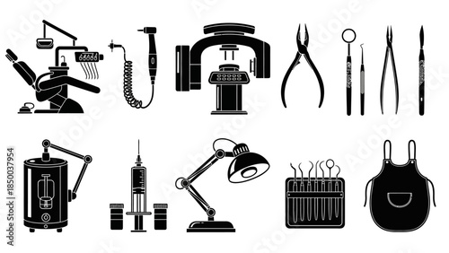 Collection of sleek black icons representing dental tools and equipment, perfect for medical and hygiene-related designs