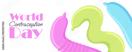 World Contraception Day Banner with three colorful condoms vector
