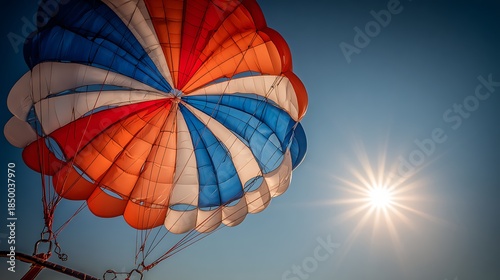 Colorful parachute under a bright sun against a clear, blue sky, portraying a sunny day activity