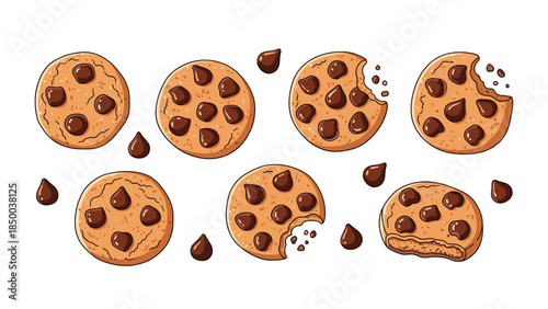 Delicious chocolate chip cookies are scattered with crumbs, some bitten into, showcasing a tempting treat for any sweet tooth.