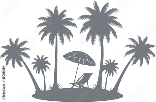A serene tropical island scene with palm trees a beach chair and umbrella on a sunny day