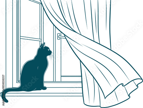 A black cat sitting on a windowsill looking outside at the night through a partially open curtain