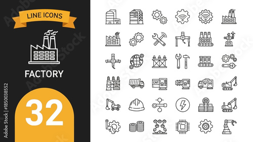 A versatile collection of sleek line icons depicting industrial facilities, manufacturing processes, heavy machinery, and engineering concepts for modern design projects