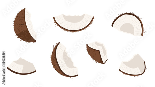 Fresh coconut pieces are beautifully arranged, showcasing the tropical fruit's texture and inviting a taste of paradise.