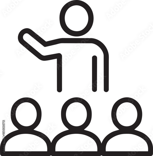 Speaker gesturing to audience, icon for presentation, meeting, or public speaking