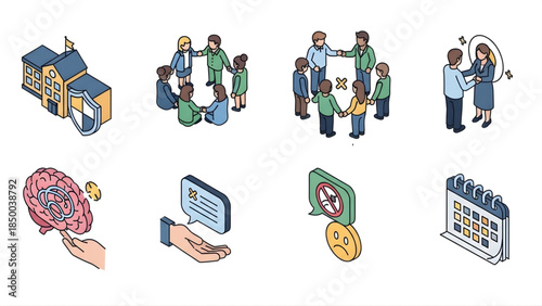 Isometric icons collection depicting key concepts secure education, community engagement, mental well-being, effective communication strategies, and organized planning solutions