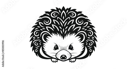 Stylized hedgehog illustration in black and white for design and print