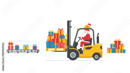 Santa claus operates a forklift to move stacks of colorful presents on a conveyor belt in a festive warehouse setting.