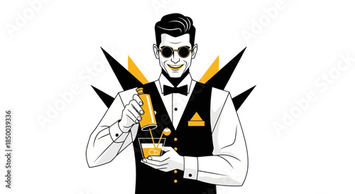 Stylized illustration of a bartender pouring beverage into a glass