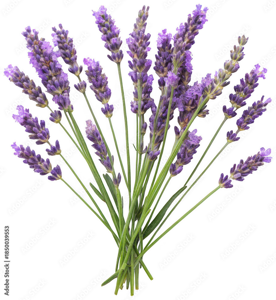Naklejka premium A vibrant and fragrant bunch of freshly cut lavender sprigs with delicate purple flower spikes and slender green stems, artfully arranged in a radial pattern, isolated on transparent background.