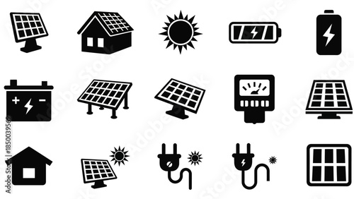 Solid sleek collection of renewable energy icons, illustrating solar power generation, battery storage, and sustainable electricity solutions for homes and businesses