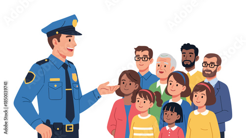 Friendly police officer engaging with a diverse group of community members, fostering trust and positive relationships through outreach.