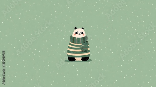 Cute illustrated panda wearing a green-striped sweater, set against a light green background