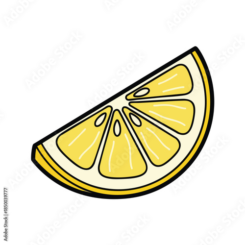 A cartoonish depiction of a lemon slice, isolated on a stark white background