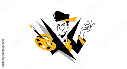Stylized illustration of a man with paintbrush and palette against a white backdrop
