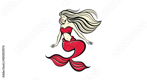 Stylized illustration of a mermaid with flowing hair on a white background