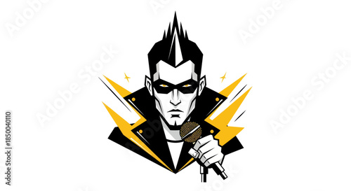 Stylized illustration of a person with a microphone and electric flashes