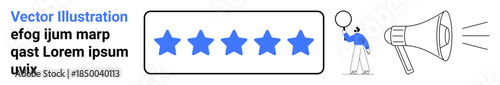 Five stars in a rectangular box, person with megaphone expressing feedback, and text placeholder. Ideal for customer experience, online reviews, user rating, quality assessment, testimonials, digital