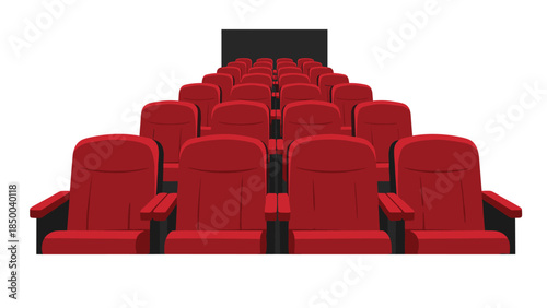 Rows of empty red cinema seats face a dark screen, creating a sense of anticipation for a movie viewing experience.