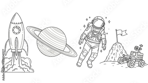 Captivating Space Exploration Detailed Vector Outline Illustrations of Rockets, Saturn, Astronauts, and Mars Rovers for Kids' Coloring Pages and Creative Projects