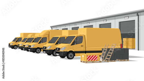 A row of yellow delivery vans are parked in front of a large warehouse building, ready for distribution.