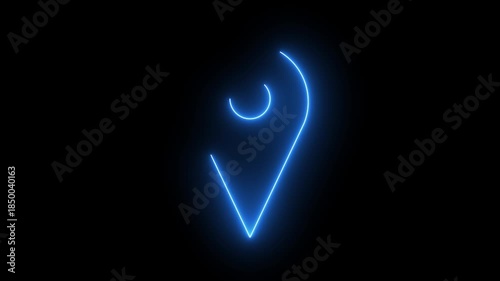 Blue Neon Location Pin Animation on Black Background.