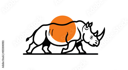 Stylized illustration of a rhinoceros walking with orange circle detail