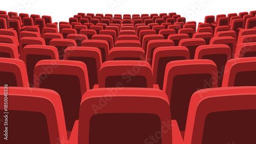 Rows of empty red theater seats stretch into the distance, suggesting anticipation for a performance or event.