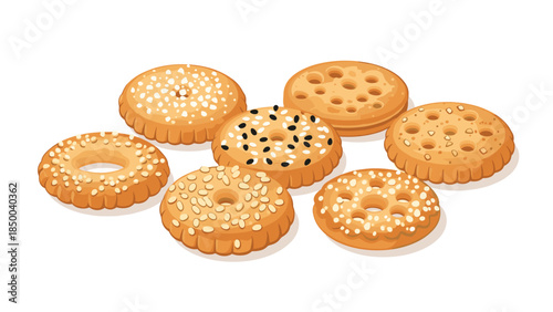 Delicious assortment of round biscuits with sesame seeds and holes, perfect for a snack or tea time, beautifully arranged on a white surface.