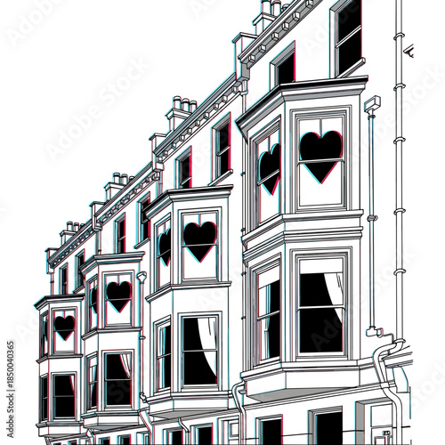 Victorian street with bay windows featuring heart-shaped designs  