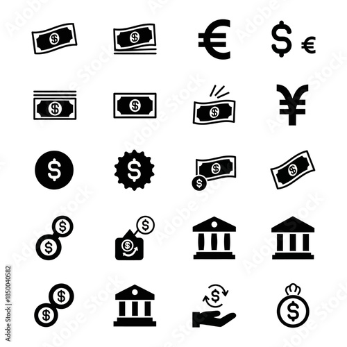 Financial icons collection featuring money, banking, investment, and diverse currencies like dollar, euro, and yen symbols for business and economic design projects