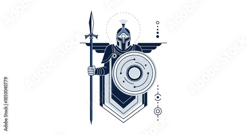 Stylized illustration of a warrior holding spear and shield on a white background