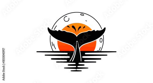 Stylized illustration of whale tail sunset and ocean waves
