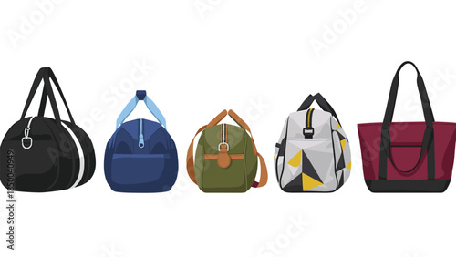 Collection of colorful travel bags and totes displayed in a row, offering various styles for different needs and preferences.