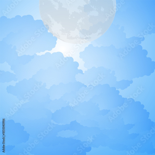 A serene illustration of a large, bright full moon peeking through soft, light blue clouds in a clear blue sky.