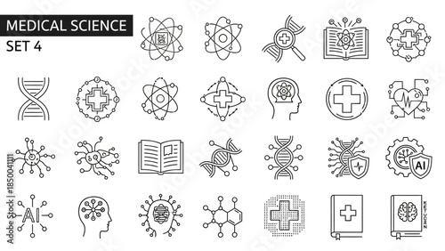 Collection of Medical Science and Research Icons DNA, Brain, AI, and More