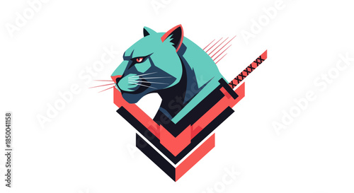 Stylized leopard head with geometric elements and a katana on white