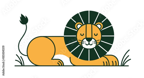 Stylized lion illustration relaxing with green mane and tail on white