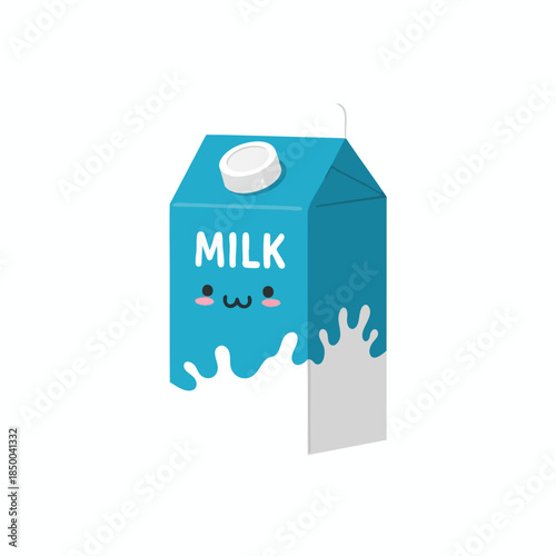 A carton of milk with a smiling face, milk spilling out