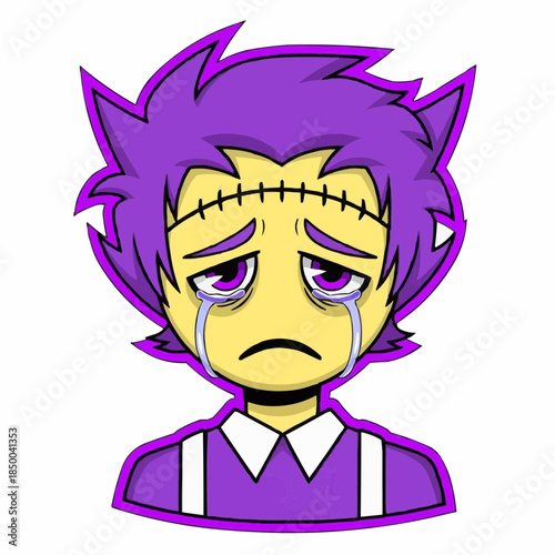 Sad Cartoon Boy with Purple Hair and Yellow Eyes Crying and Looking Dejected, Depicting Feelings of Sorrow and Melancholy, with Stitch Marks on Forehead, Suitable for Emojis and Graphics