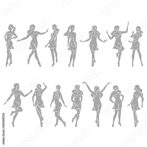 Collection. Silhouette of a woman in style. The girl is slim and beautiful. Lady suitable for aesthetic decor, posters, stickers, logo. Vector illustration set.
