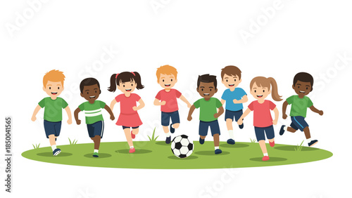 Diverse group of happy children running and playing soccer together on a green field, enjoying a fun and active outdoor game.