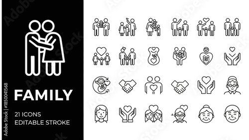 Solid sleek vector family outline icons collection depicting diverse relationships, love, and support across generations, perfect for modern digital design and web applications