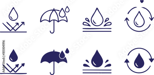 Water Management Icon Set, Rain and Water Icons, Water Protection and Care Icons, Eco Water Icons Collection, Sustainable Water Icons, Water Conservation Icon Pack, Environmental Water Icons.