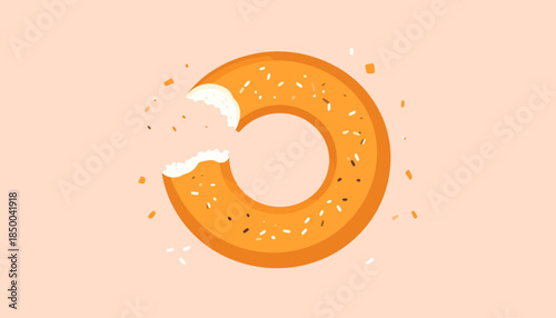An illustration of a bitten bagel with cream cheese and sesame seeds on a light orange background.