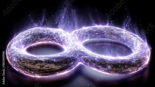 Digitally created infinity symbol emitting glowing, ethereal energy on dark background