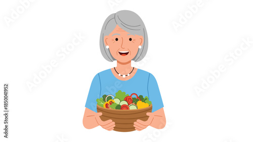 Smiling elderly woman cheerfully presents a colorful and healthy bowl of fresh vegetables, promoting wellness and a nutritious lifestyle.