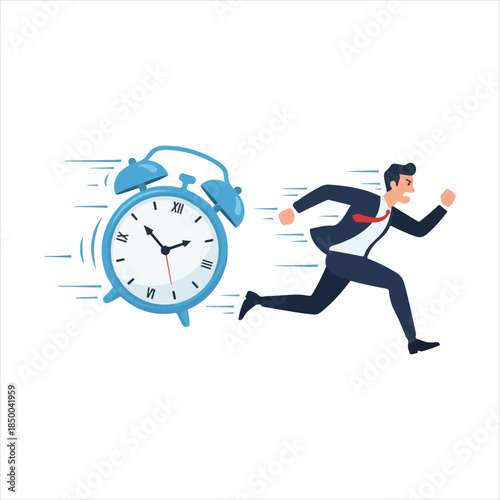 A dynamic cartoon illustration depicting a businessman in a suit frantically running away from a large, fast-moving alarm clock.